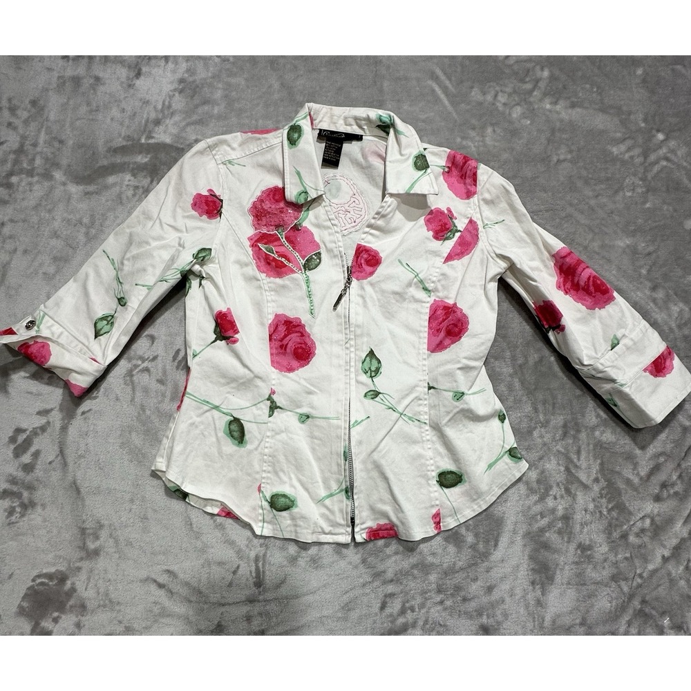 Christine Phillips Shirt Jacket Women's Size 6 White Denim Floral Beads Zip EUC
